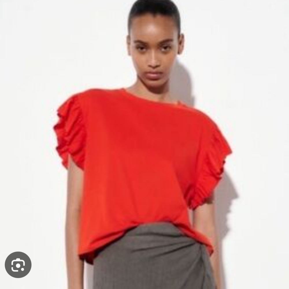 Zara Red Ruffle Sleeve Crewneck Cotton Bright Shirt Small